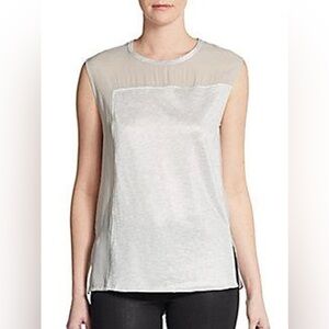 Helmut Lang Dash Silk-Chiffon Combo Gray Round Neck Semi Sheer Blouse Size Small
